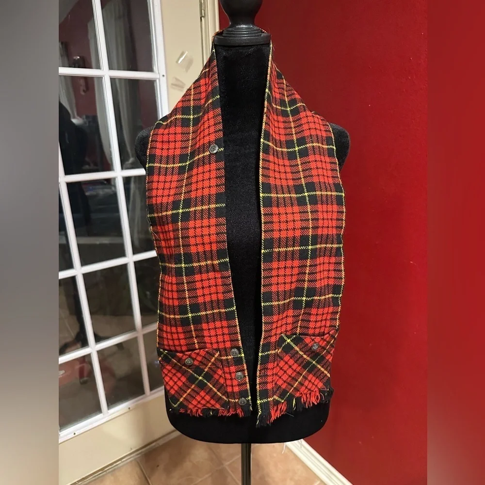 Vintage Wool Plaid Button Scarf Vest Wrap 1950s Tartan Pockets Convertible